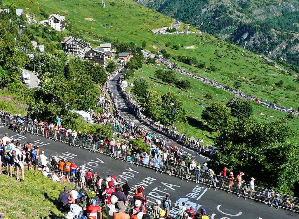 Tour de France spectators lining the famous 21 hairpins up to Alp d'Huez