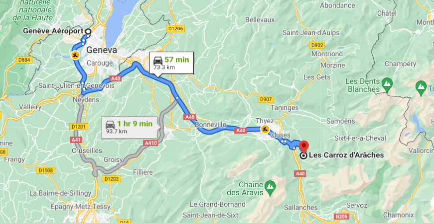 The route from Geneva airport to Les Carroz