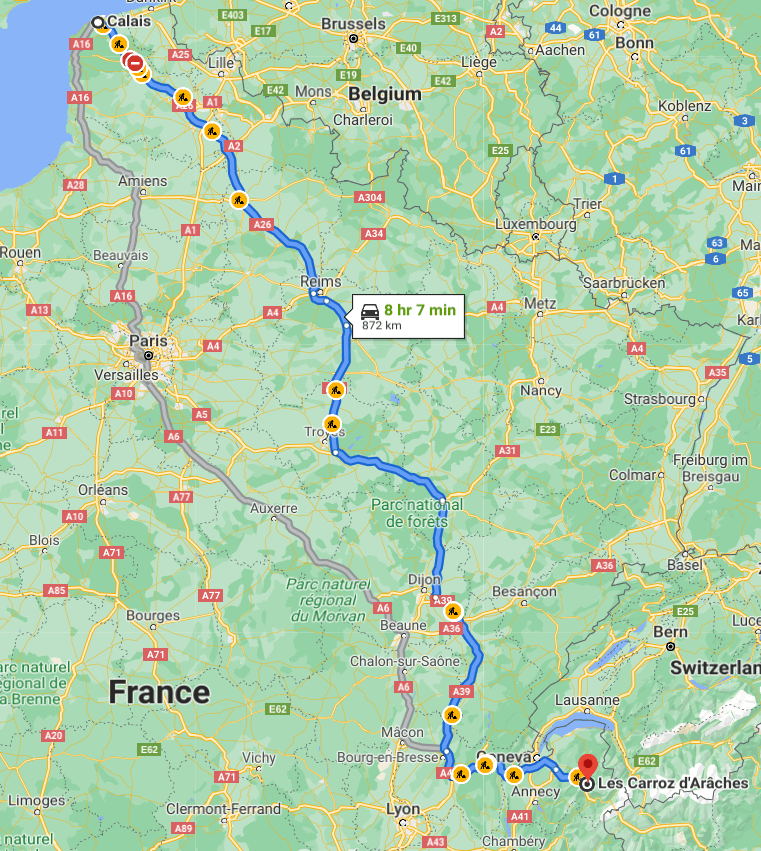 The route from Calais to Les Carroz