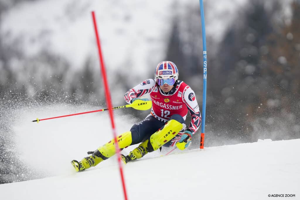 A professional skier taking part in the slalom 