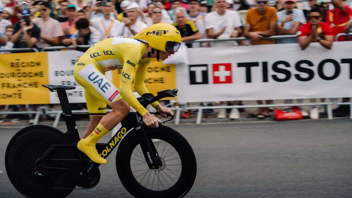 A Tour de France cyclist in front of the crowd.