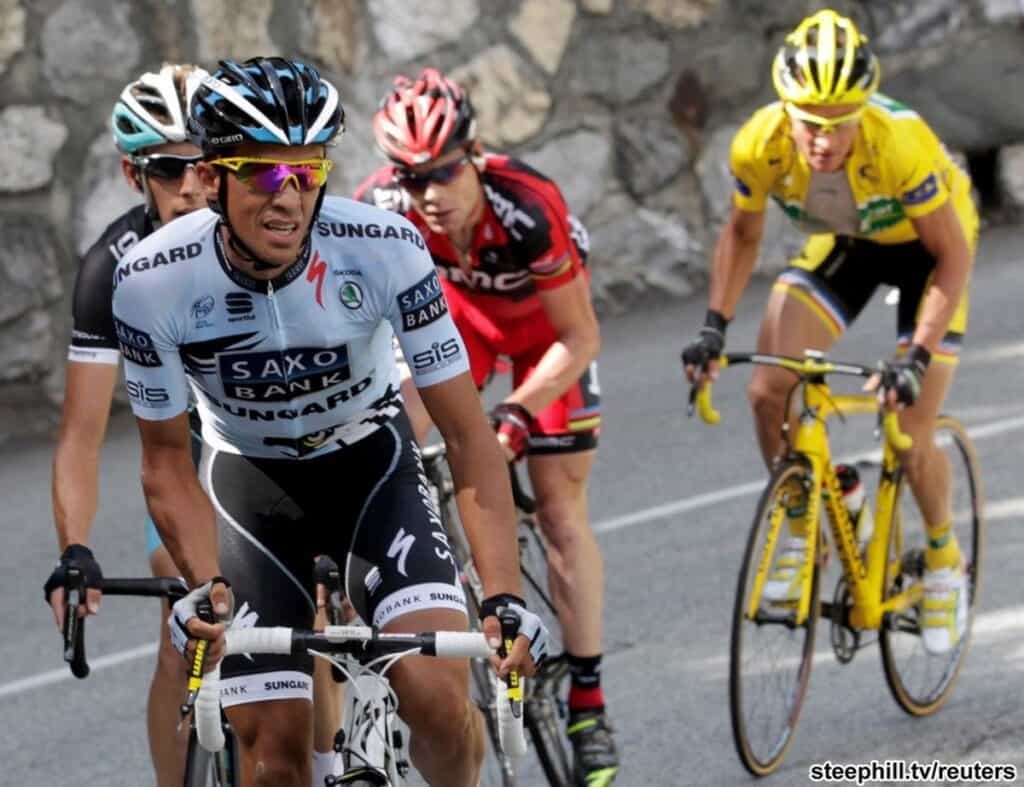 A close-up of Tour de France cyclists