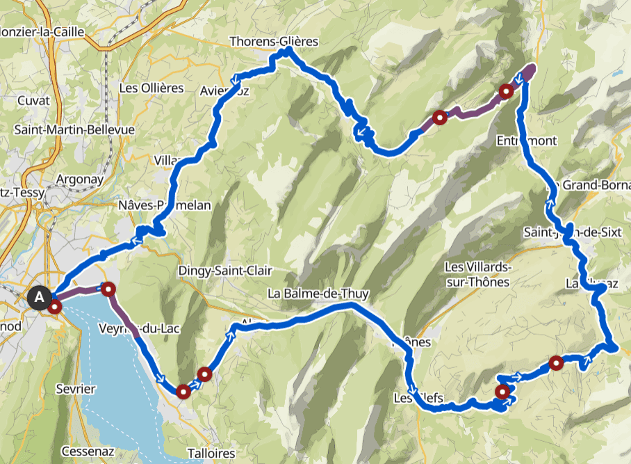 Carte de la boucle du plateau des Glières depuis Annecy