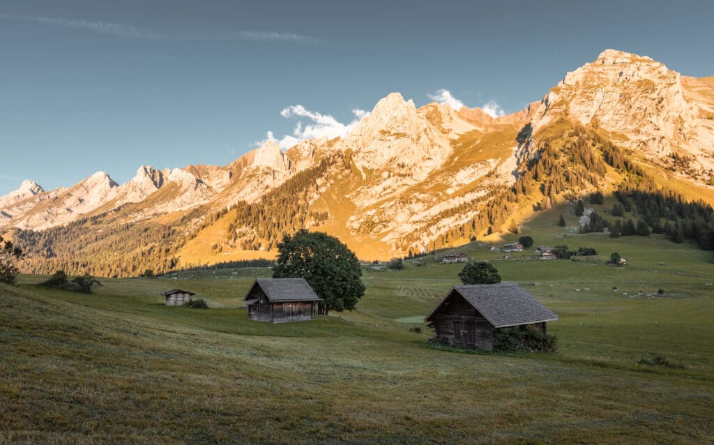 La Clusaz country side with wooden chalets and mountain views