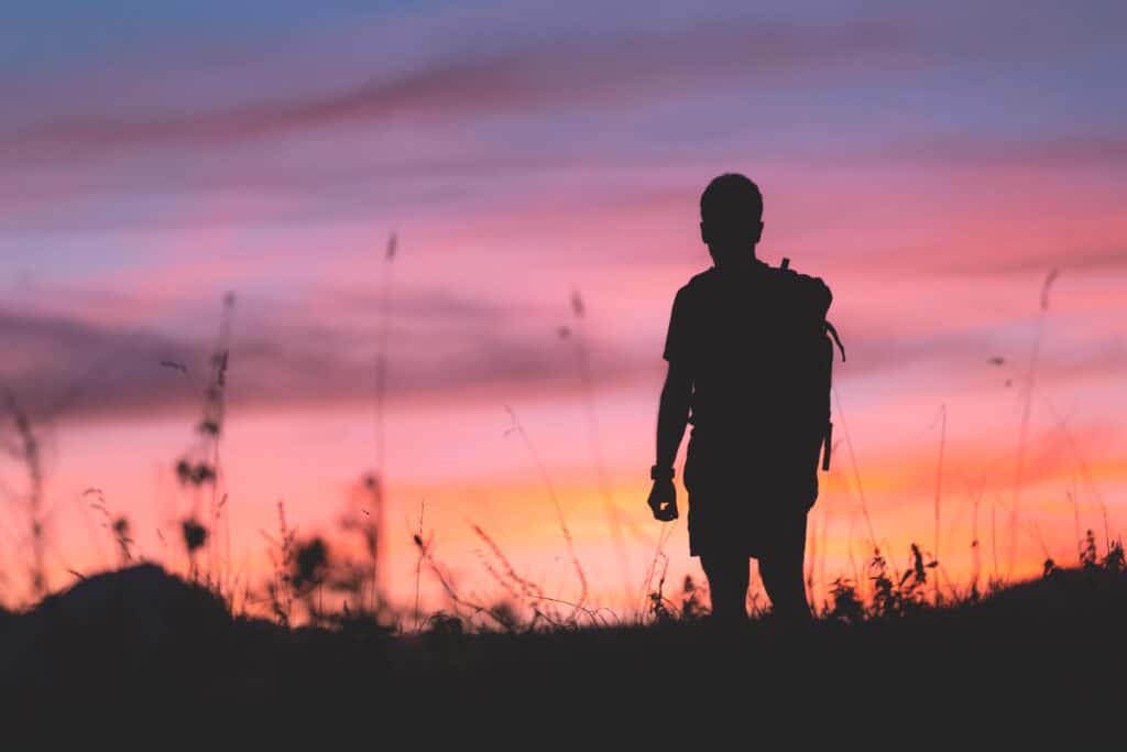 A person stands on a mountain silhouetted against a pink sky