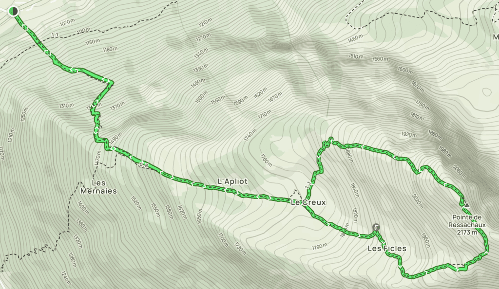 Tracé sur carte de la randonnée jusqu'à la Pointe de Réssachaux.