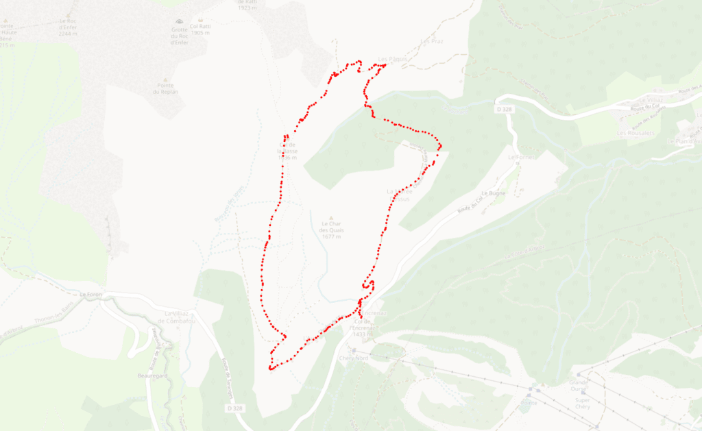 Tracé sur carte de la randonnée du tout du Char des Quais, à faire au printemps au départ de Morzine.