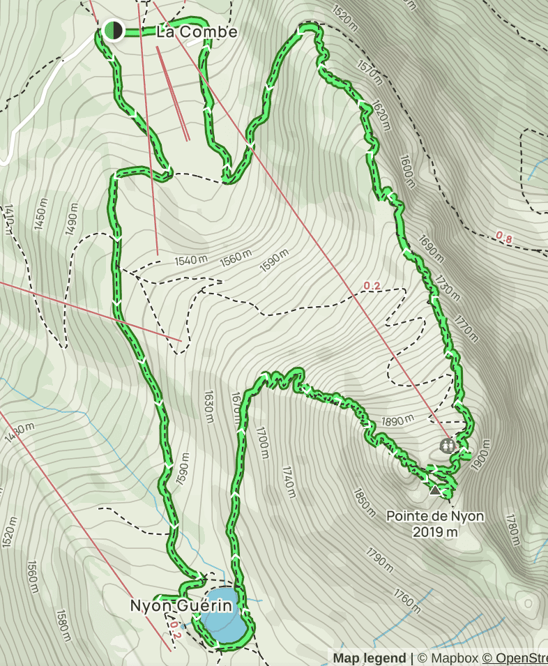 Tracé sur carte de la randonnée de La Combe à la Pointe de Nyon et au lac de Nyon-Guérin.