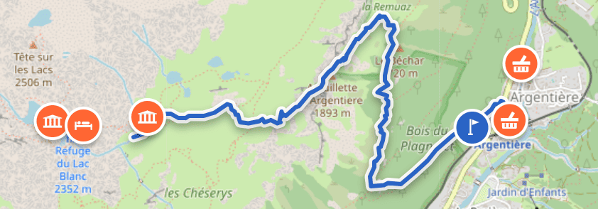 Tracé sur carte de la randonnée jusqu'au lac des Chéserys depuis Argentière.