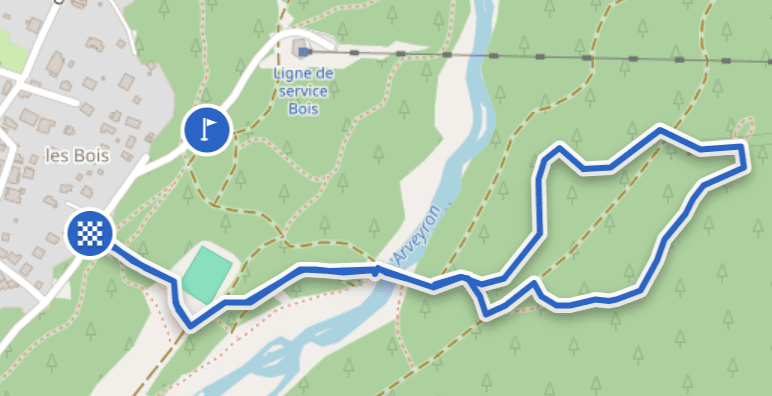 Tracé sur carte du sentier du granit depuis Chamonix.