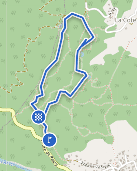 Tracé sur carte du sentier des Trois Gouilles, un incontournable des randonnées de printemps depuis Chamonix.
