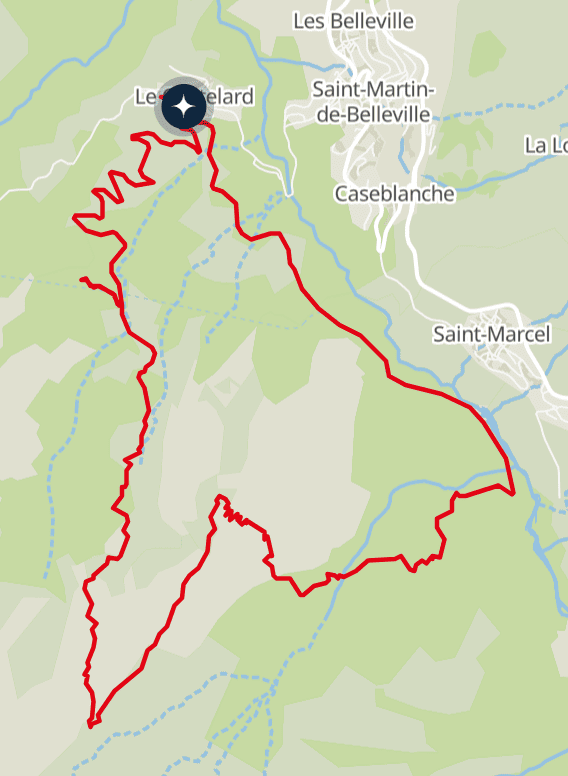 Tracé sur plan de la randonnée jusqu'au sommet du Cochet, près de Saint-Martin-de-Belleville.