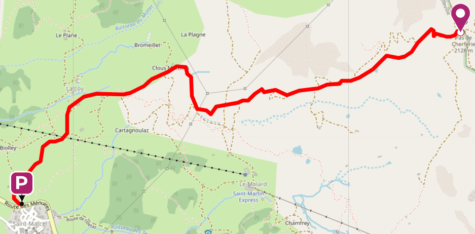 Tracé sur plan de la randonnée jusqu'au Pas de Cherferie depuis Saint-Marcel.