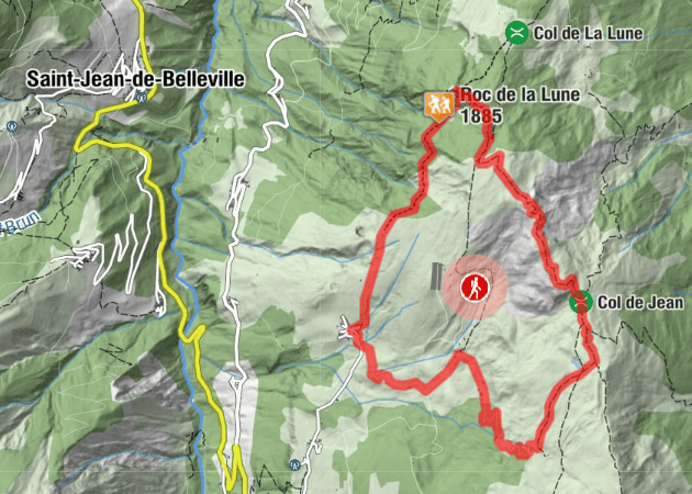 Tracé sur plan du circuit du roc de la lune et son emplacement depuis Saint-Jean-de-Belleville.