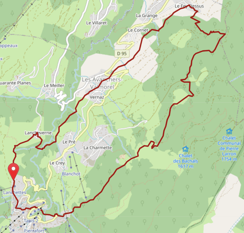 Tracé sur carte de la randonnée dite "l'Avancheraine", au départ des Avanchers, près de Valmorel.