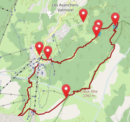 Tracé sur carte de l'ascension de Crève-tête depuis Valmorel, l'une des plus belles randonnées à faire au printemps.
