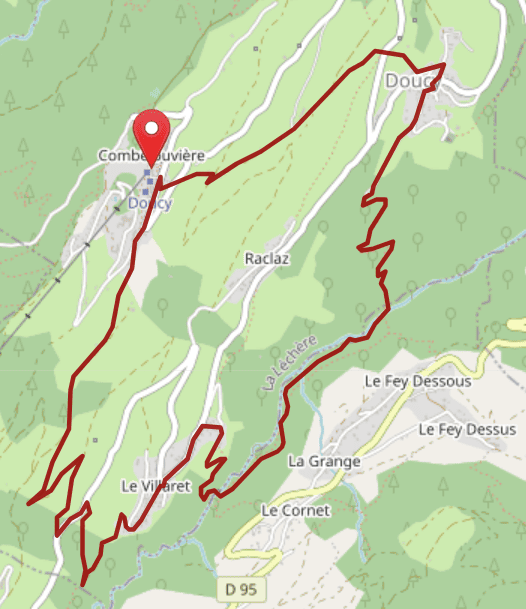 Tracé sur carte de la randonnée dite "la Douceraine", au départ de Doucy, près de Valmorel.