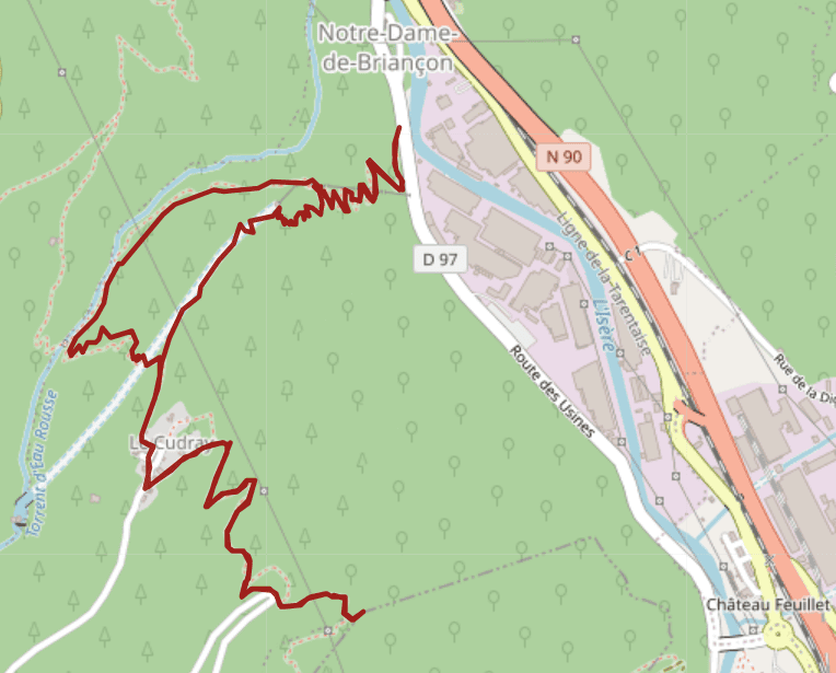 Tracé sur carte de la randonnée dite "passerelles de l'eau rousse", au départ de La Léchère.