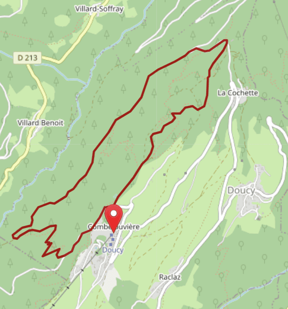 Tracé sur carte de la boucle de la grande forêt, au départ de Doucy.
