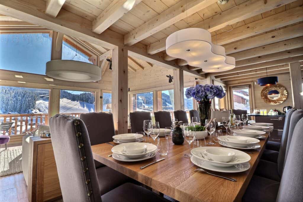 Modern dining room with purple interiors