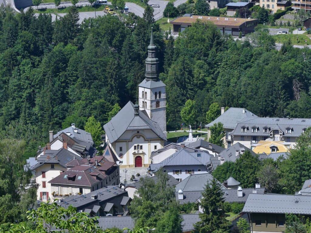 Saint Gervais les Bains seen from the sky, one of the top destinations in the Alps for summer holidays.