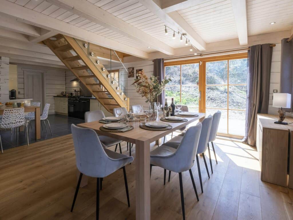 Modern dining room with alpine views