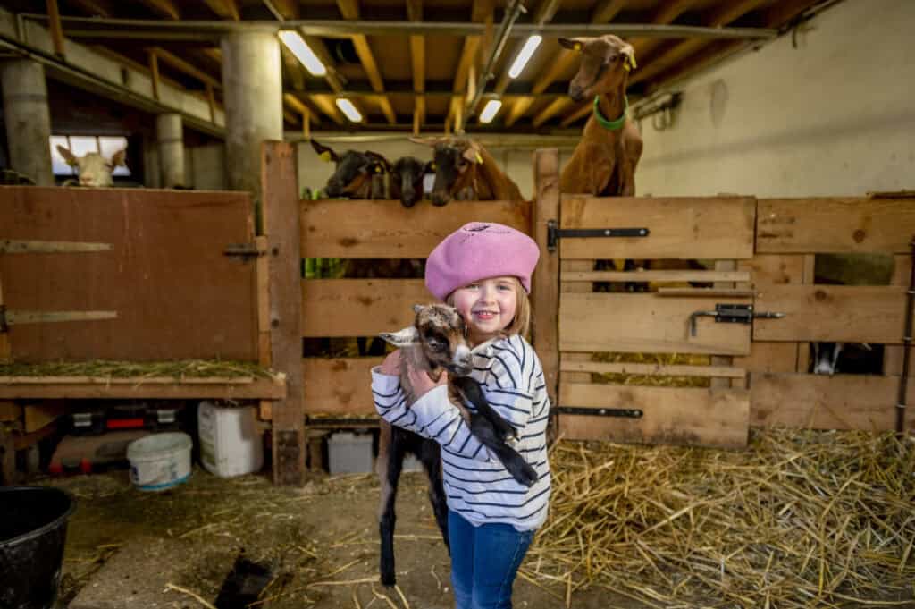 Une enfant à la ferme tenant dans ses bras une petite chèvre