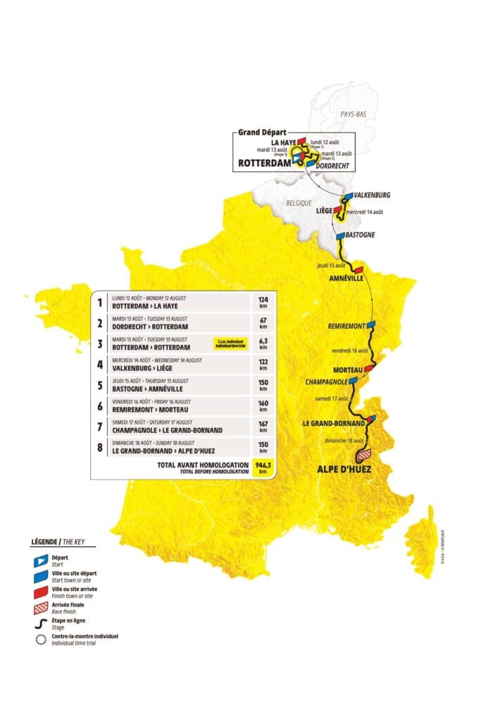 carte montrant le parcours de la compétition Tour de France femme 2024