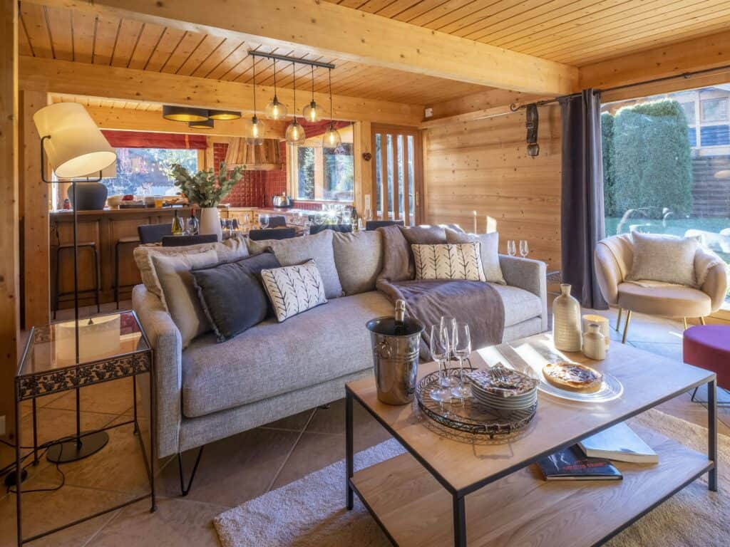 Alpine chalet living room with grey sofa