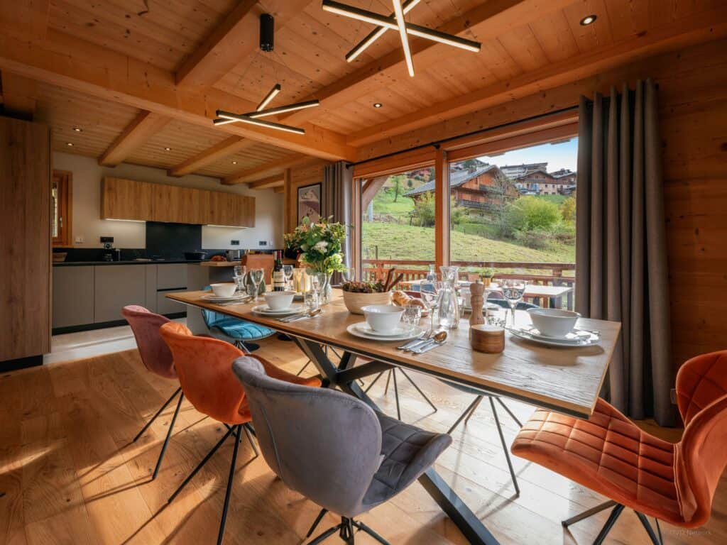 Modern dining room overlooking mountains