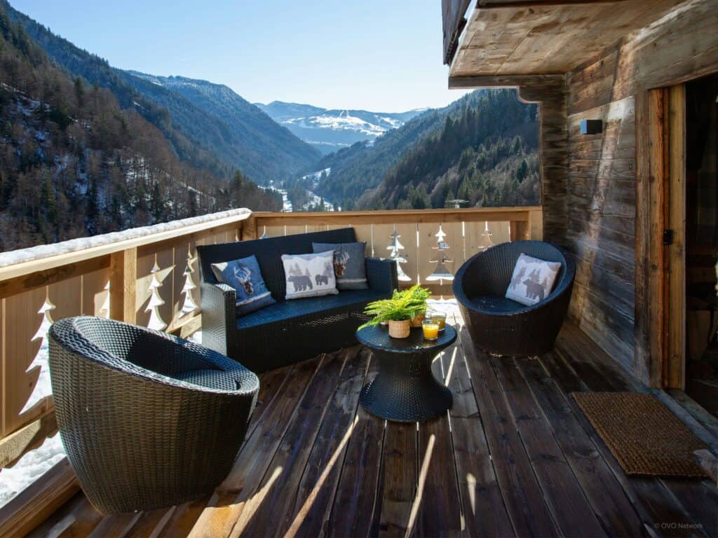 Sunny balcony with mountain views