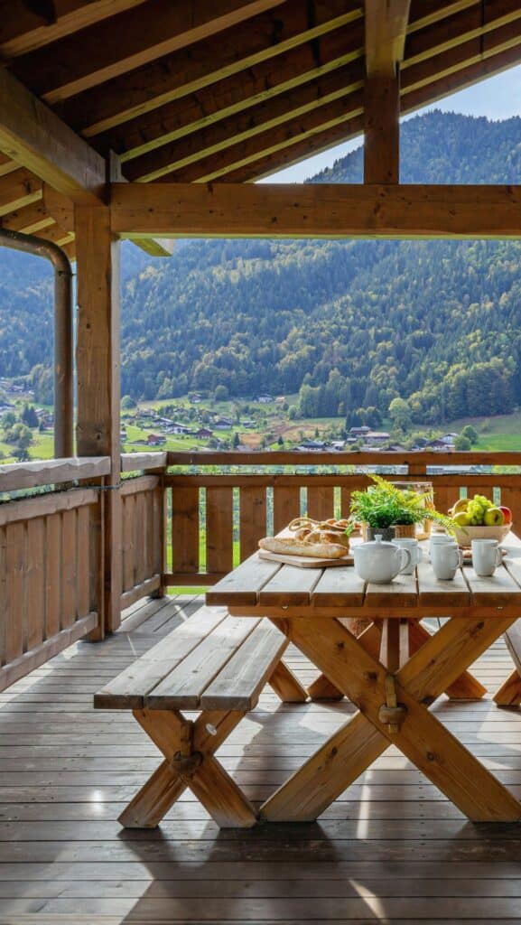 Une table conviviale sur une terrasse couverte avec une très belle vue sur la montagne