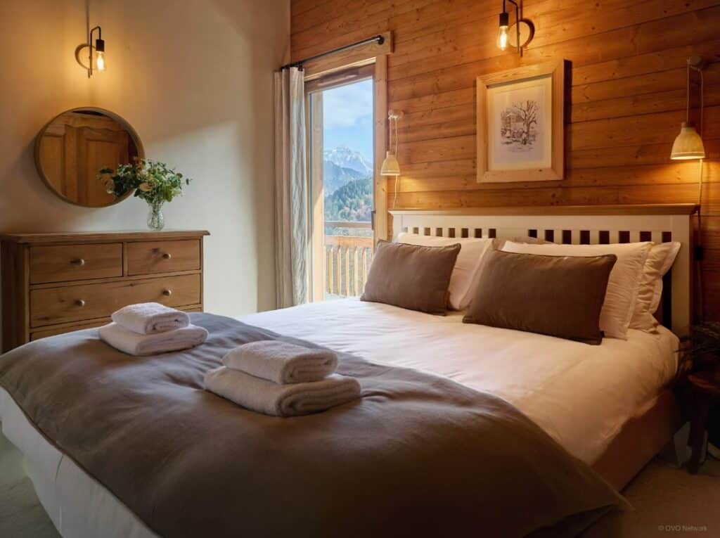 One of the bedrooms at Chalet Les Pellys, in Samoëns.