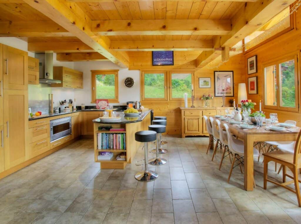 Bright kitchen at Chalet Tolar, in Grand-Bornand, in the summer.